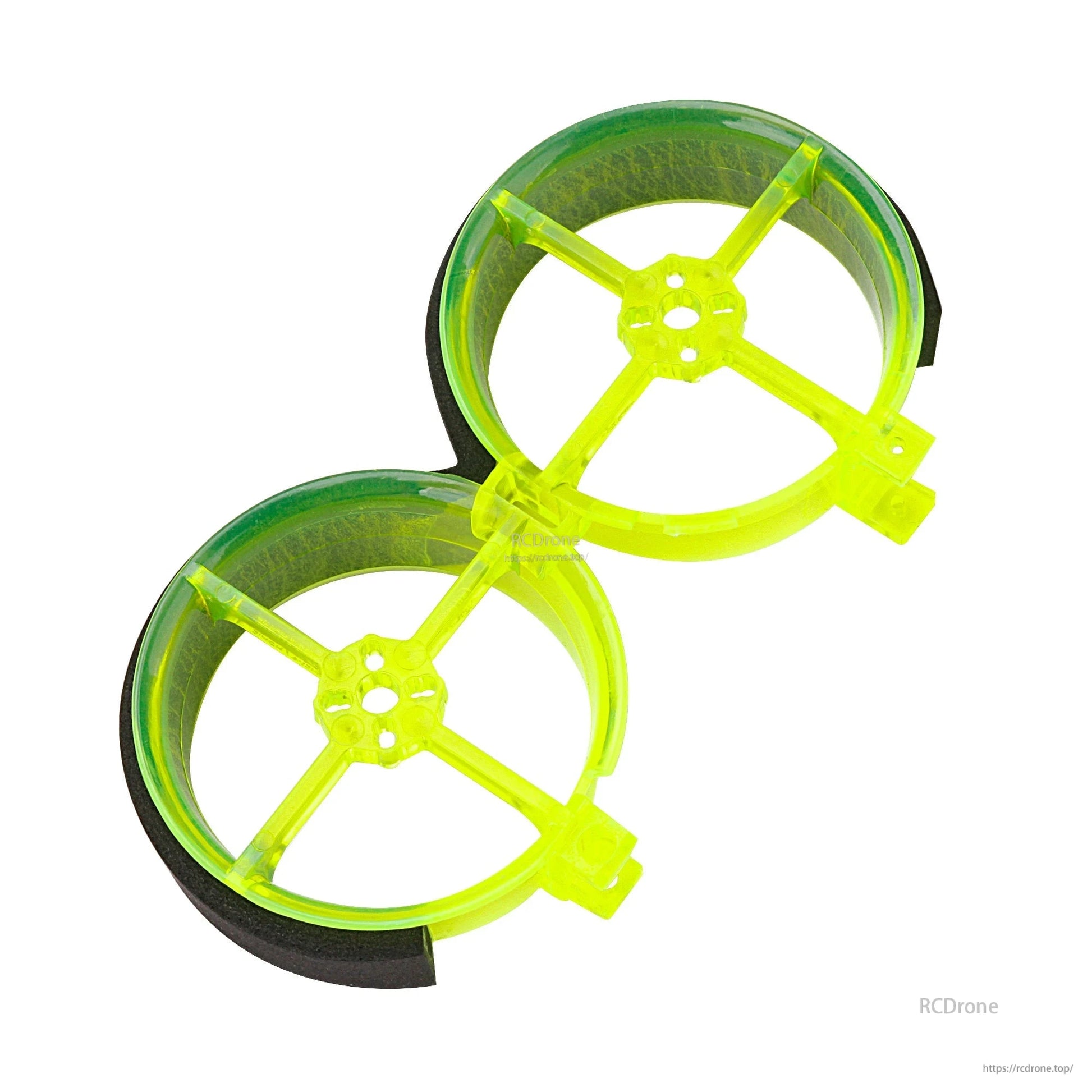 Pair of neon yellow FPV drone prop duct guards with foam outer edge, replacement parts for Flywoo CineRace20 V2 frame