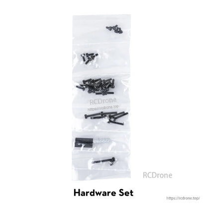 Flywoo CineRace20 V2 HD frame replacement hardware set with assorted black screws, bolts, and small mounting parts
