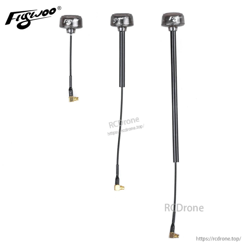 Flywoo 5.8GHz circular polarized FPV antenna with mushroom cap, long coax cable, and 90° MMCX connector