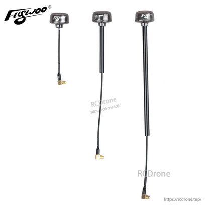 Flywoo 5.8GHz circular polarized FPV antenna with mushroom cap, long coax cable, and 90° MMCX connector