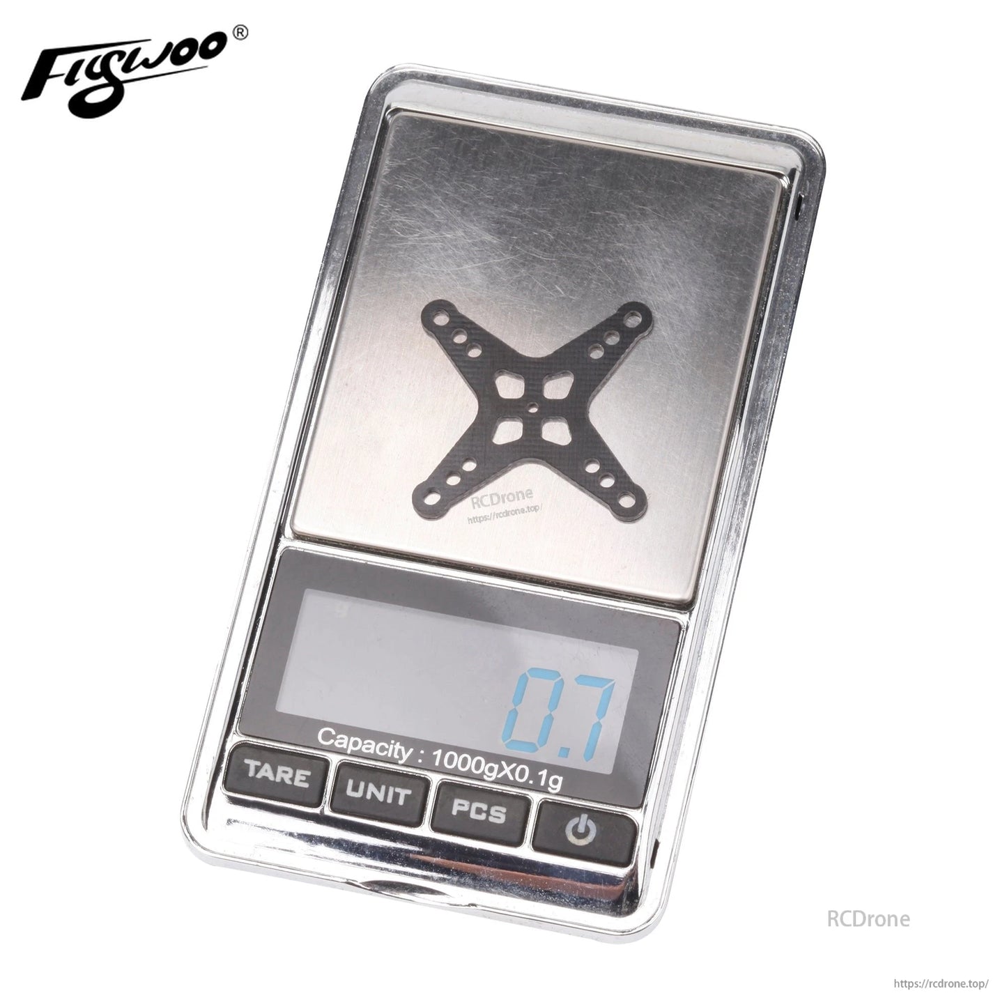 Flywoo X-shaped DJI O3 air unit adapter plate on a digital scale showing 0.7 g weight