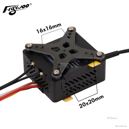 Flywoo DJI O3 Air Unit adapter plate on top of unit, converting 20x20mm mounting to 16x16mm