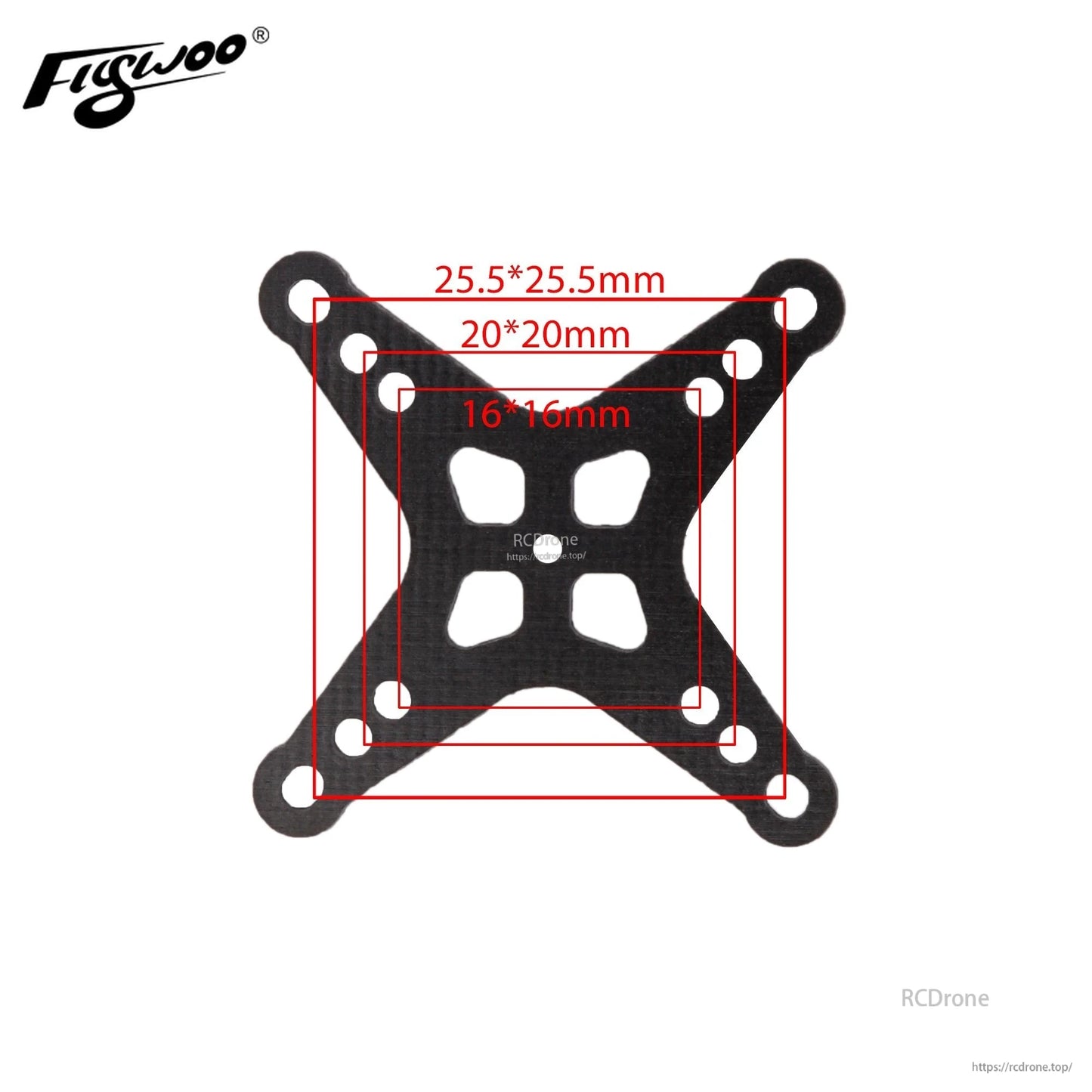 Flywoo carbon fiber adapter plate with 25.5x25.5, 20x20 and 16x16mm mounting hole patterns