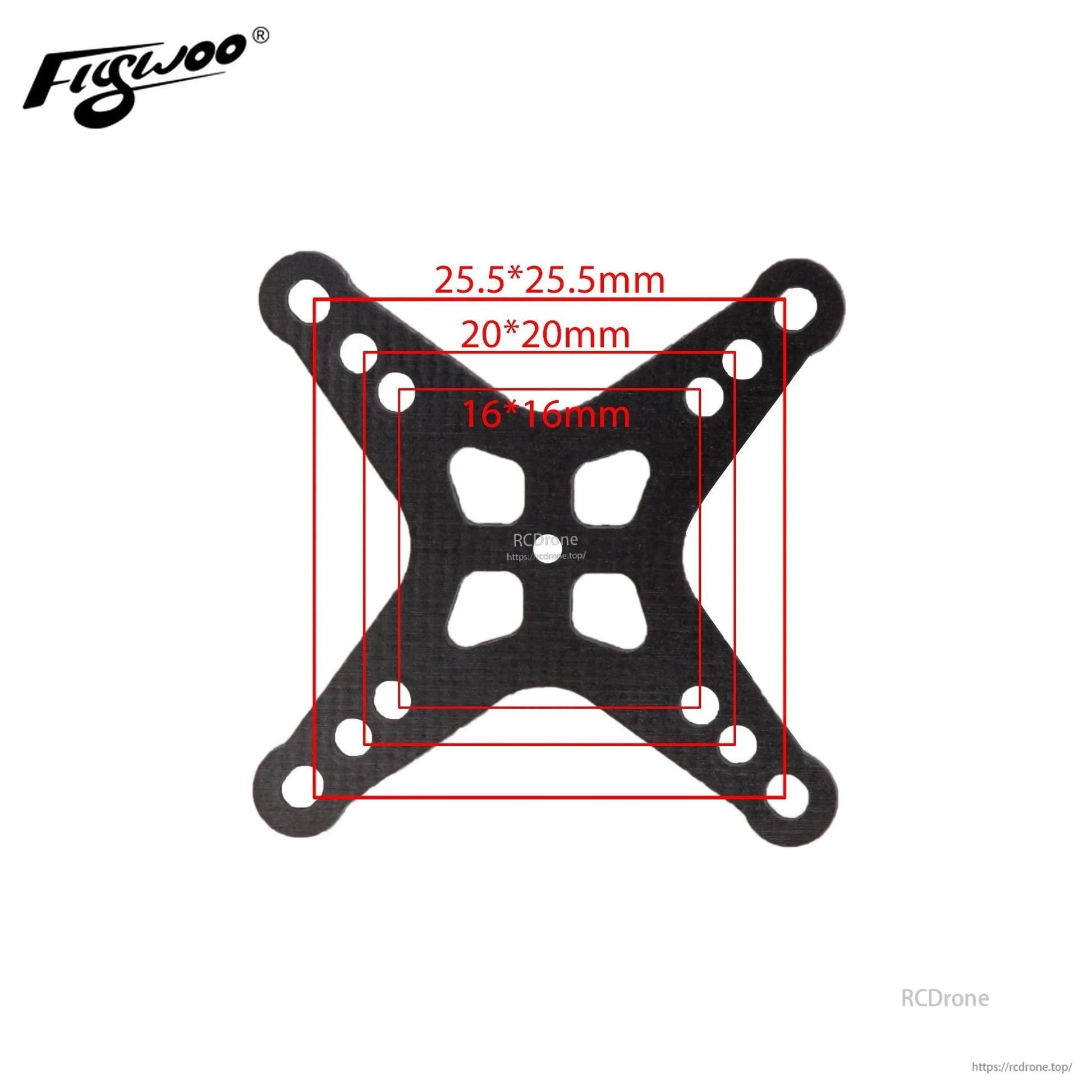 Flywoo carbon fiber adapter plate with 25.5x25.5, 20x20 and 16x16mm mounting hole patterns
