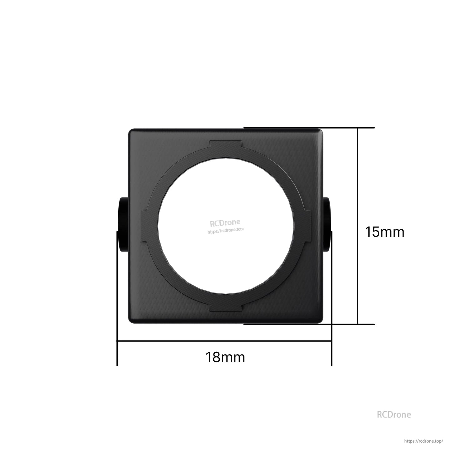 Black Flywoo DJI O4 FPV camera shell with 18mm mounting width and 15mm height dimensions