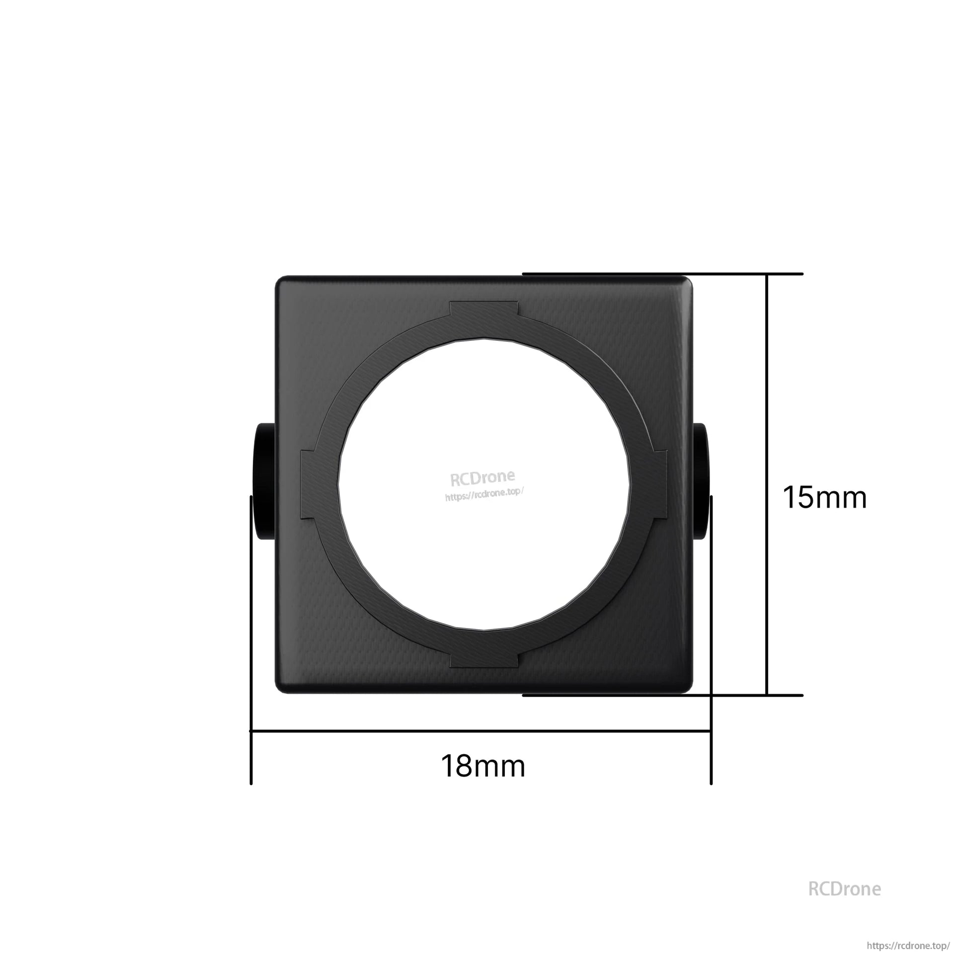 Black Flywoo DJI O4 FPV camera shell with 18mm mounting width and 15mm height dimensions