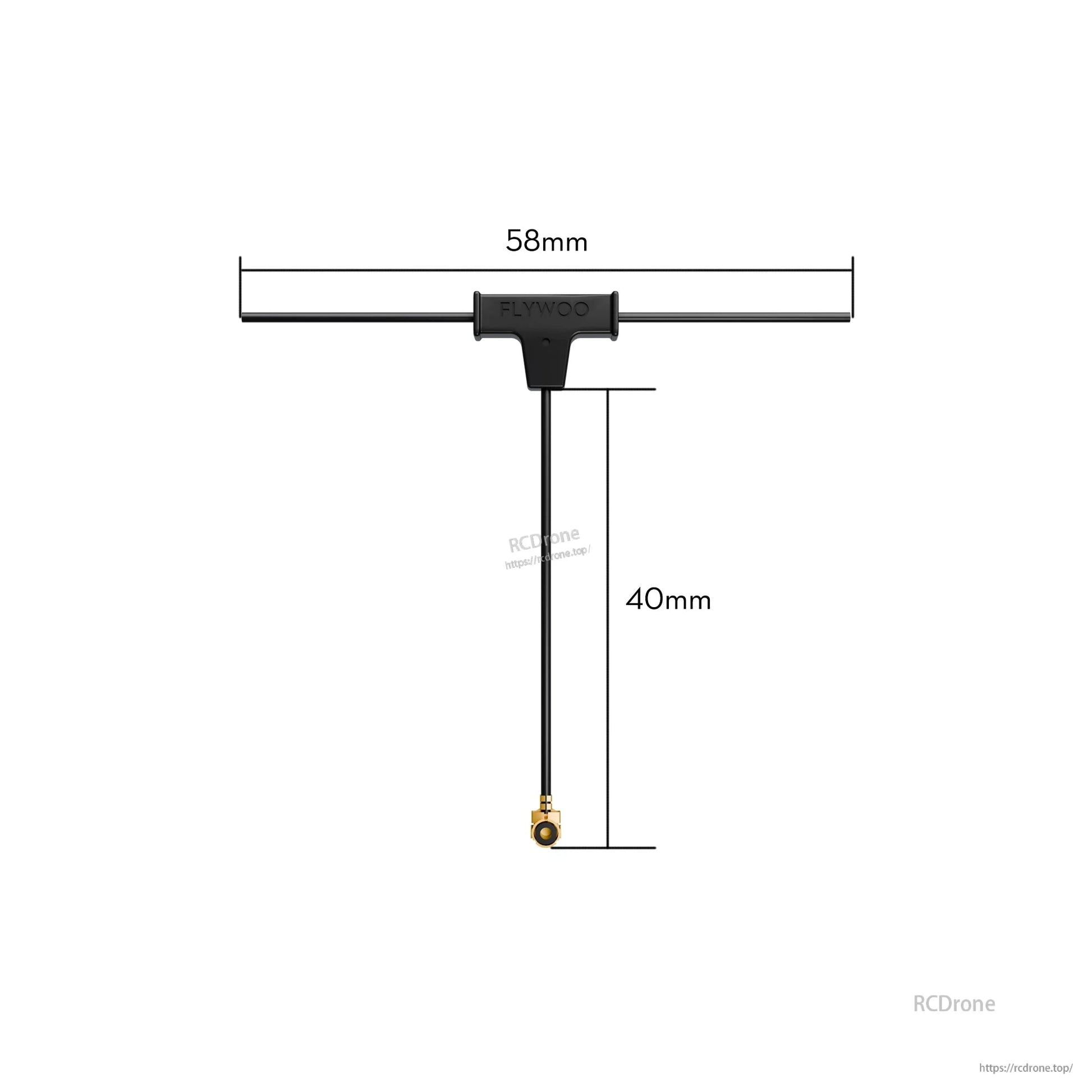 Flywoo ELRS 2.4GHz Minimortal PCB T antenna with 58mm crossbar, 40mm coax lead, and u.FL connector