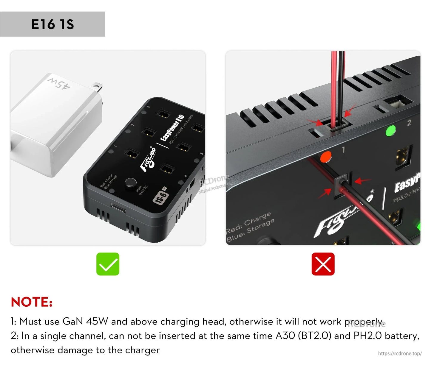 Flywoo EasyPower E16/E24 1S/2S Battery Charger, Flywoo EasyPower E16 1S battery charger with multiple ports, LED status indicators, and USB-C PD input