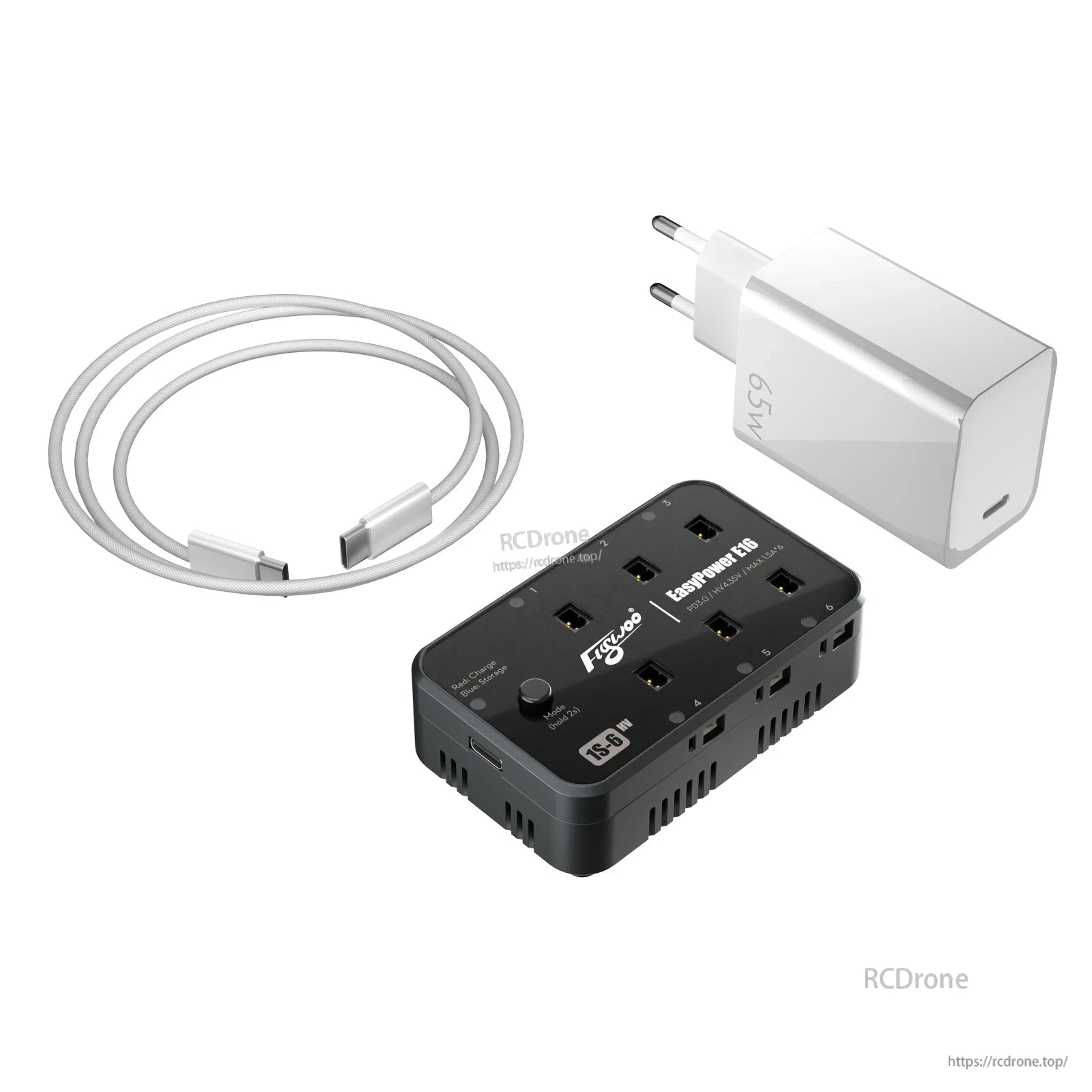 Flywoo EasyPower E16/E24 1S/2S Battery Charger, Flywoo EasyPower E16 1S/2S battery charger hub with multiple charge ports, USB-C cable, and 65W USB-C wall adapter