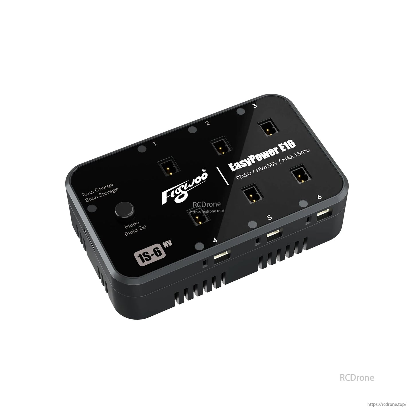 Flywoo EasyPower E16/E24 1S/2S Battery Charger, Flywoo EasyPower E16 1S HV multi-port battery charger with six BT2.0 ports, mode button, and status LEDs