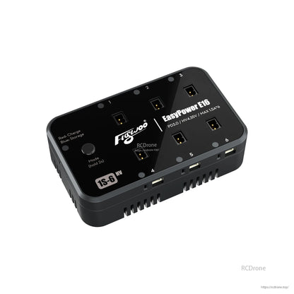 Flywoo EasyPower E16/E24 1S/2S Battery Charger, Flywoo EasyPower E16 1S HV multi-port battery charger with six BT2.0 ports, mode button, and status LEDs