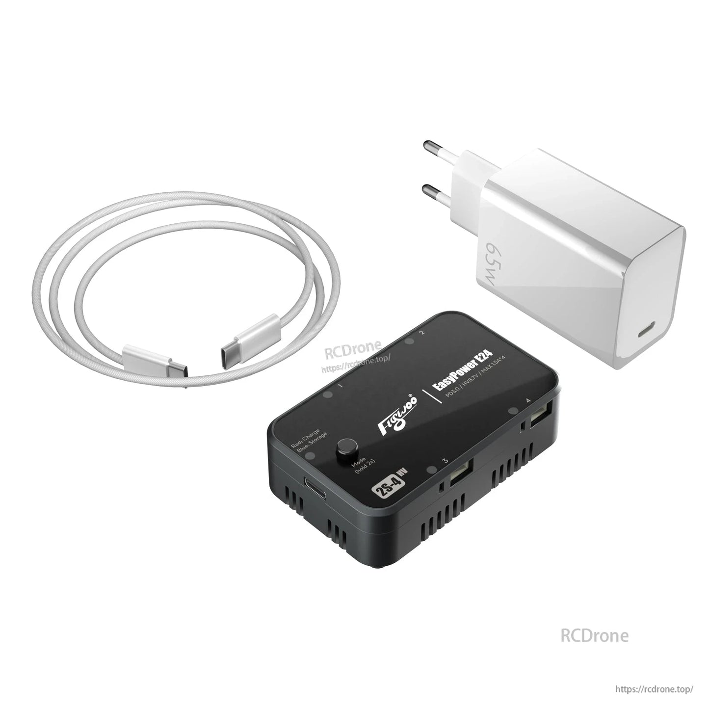 Flywoo EasyPower E16/E24 1S/2S Battery Charger, Flywoo EasyPower E24 1S/2S battery charger with four ports, mode button, USB-C cable and 65W power adapter