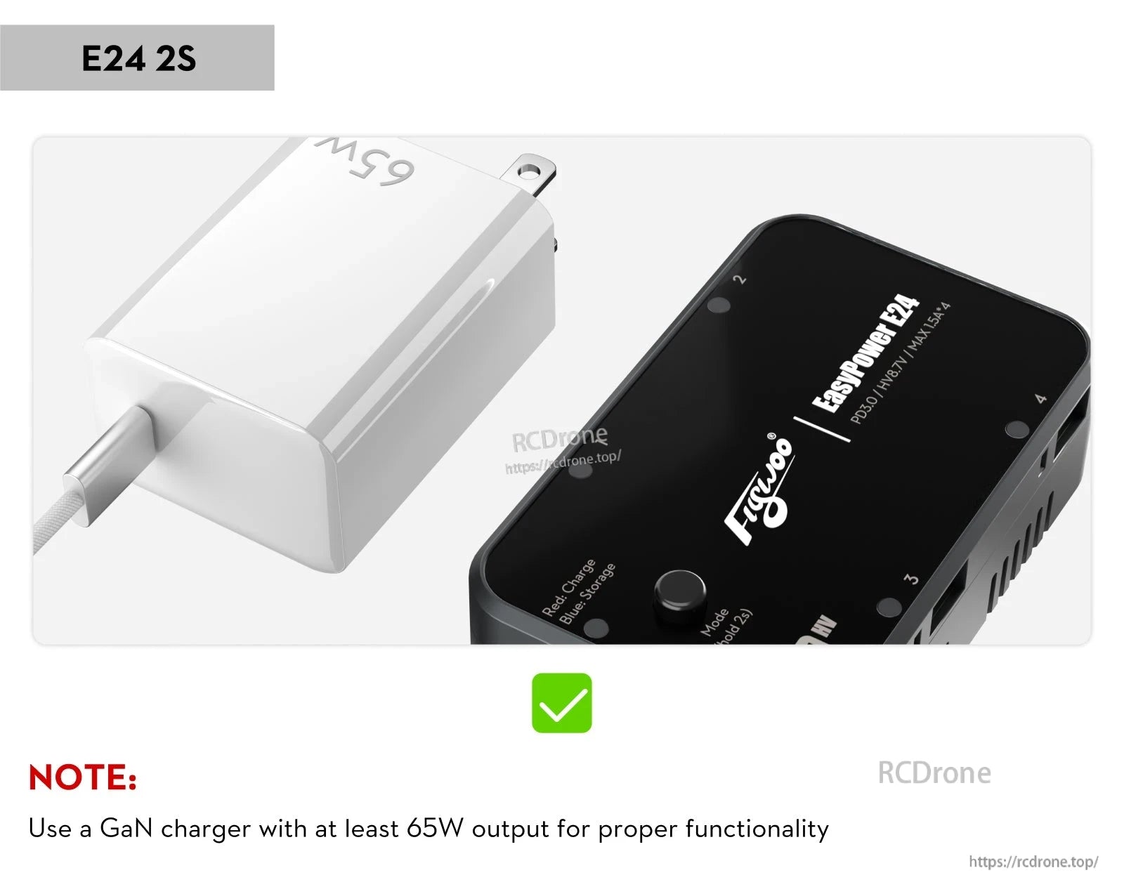 Flywoo EasyPower E16/E24 1S/2S Battery Charger, Flywoo EasyPower E24 2S battery charger with PD3.0 input, shown with a 65W USB-C GaN wall charger