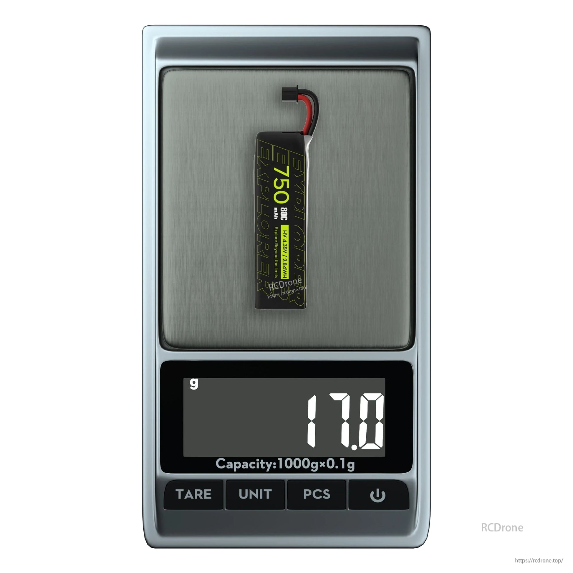 Flywoo Explorer 1S 750mAh HV V2 LiPo Battery, Flywoo Explorer 1S 750mAh LiPo battery on a digital scale showing 17.0 g weight