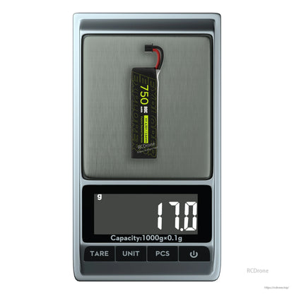 Flywoo Explorer 1S 750mAh HV V2 LiPo Battery, Flywoo Explorer 1S 750mAh LiPo battery on a digital scale showing 17.0 g weight