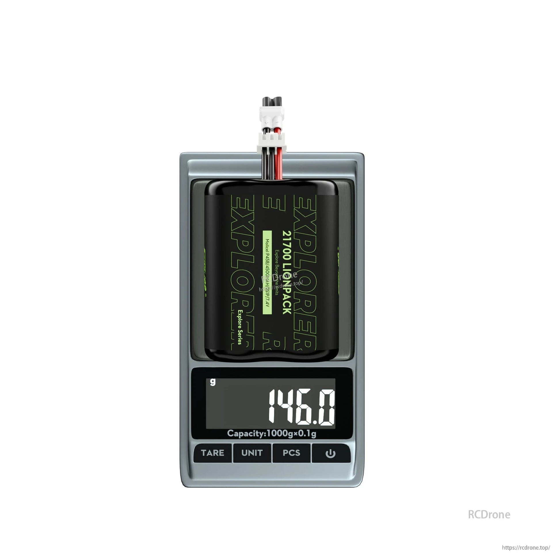 Flywoo Explorer 21700 Li-ion 2S1P 7.4V battery pack with XT30 connector on a digital scale reading 146.0g