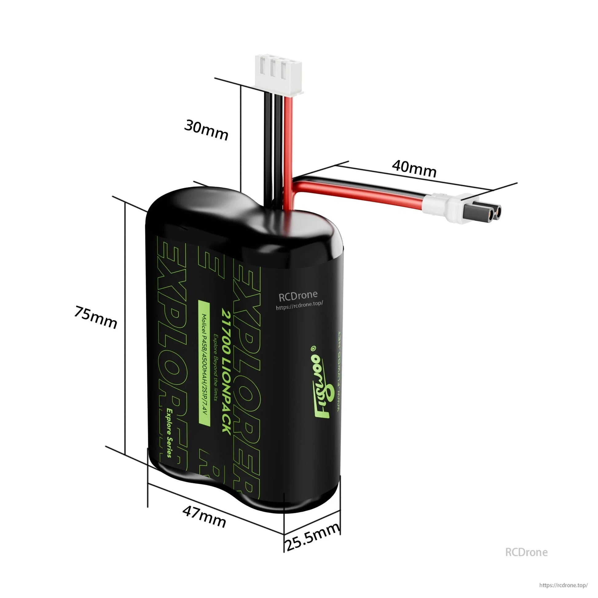 Flywoo Explorer 21700 2S1P Li-ion battery pack with XT30 plug and balance lead, 75×47×25.5mm