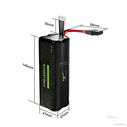 Flywoo Explorer 21700 Li-ion battery pack with XT60 and 5-pin balance lead, 145×47×47 mm dimensions