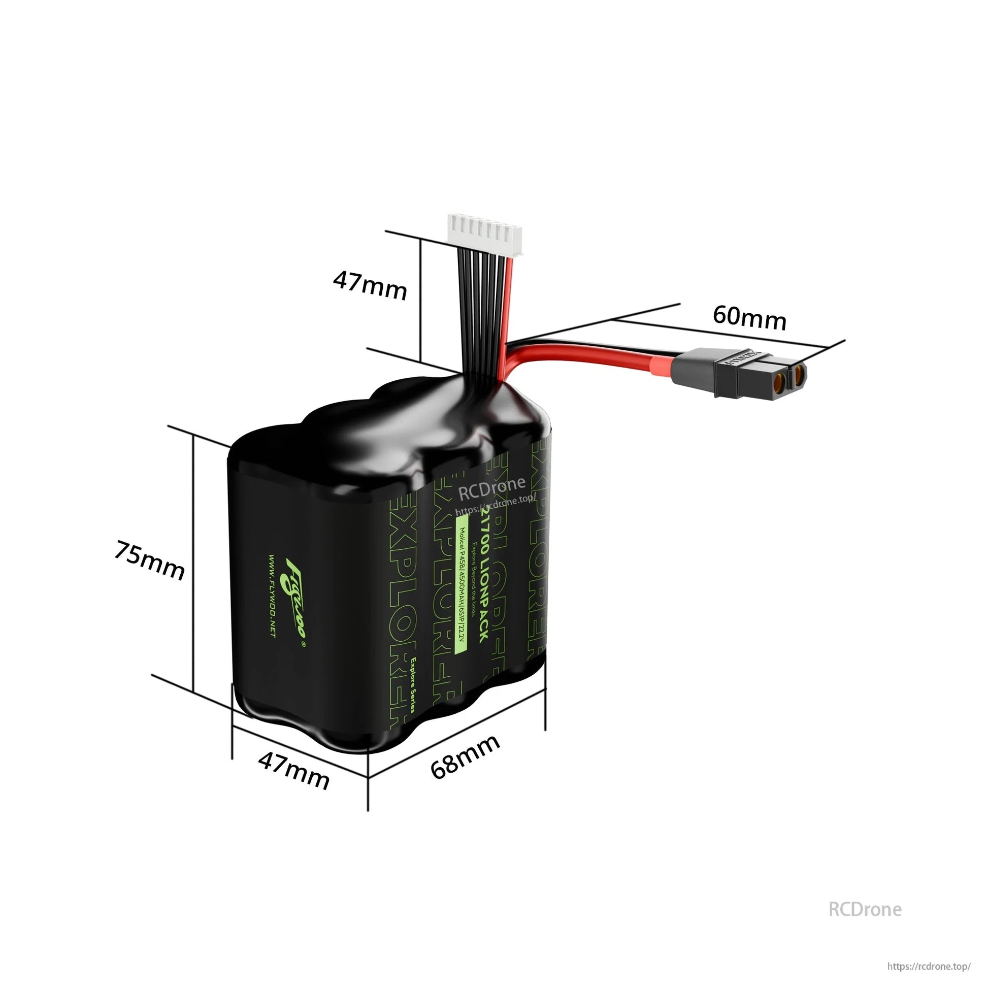 Flywoo Explorer 6S Li-ion battery pack with XT60 power lead, JST-XH balance plug, and 75×68×47 mm size