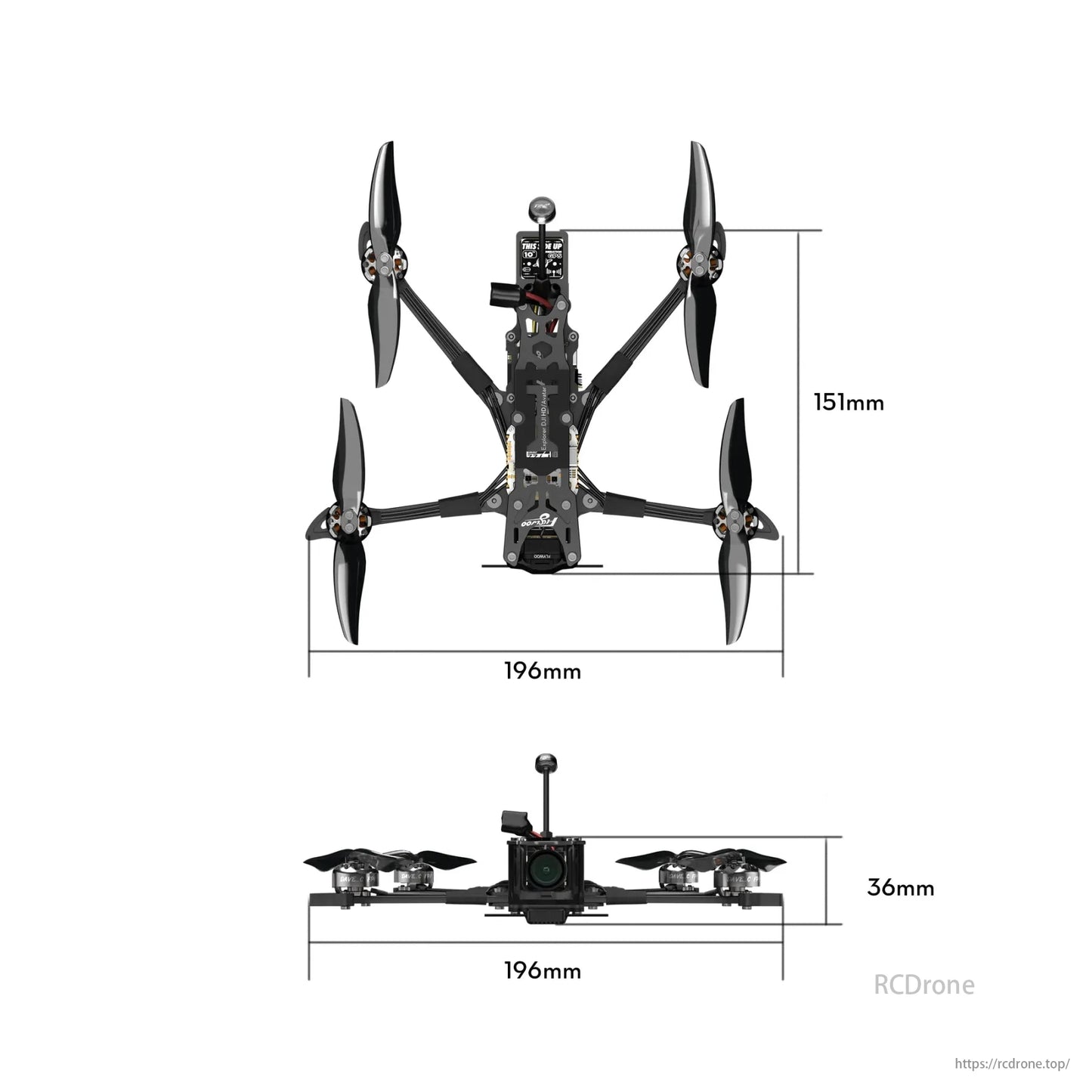 Flywoo Explorer LR 4 O4, a 4-inch micro long-range FPV drone with DJI O4 Air Unit, offering 4K/60FPS video. Size: 196x151x36mm.