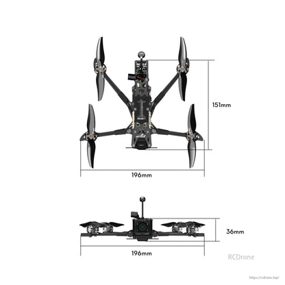 Flywoo Explorer LR 4 O4, a 4-inch micro long-range FPV drone with DJI O4 Air Unit, offering 4K/60FPS video. Size: 196x151x36mm.
