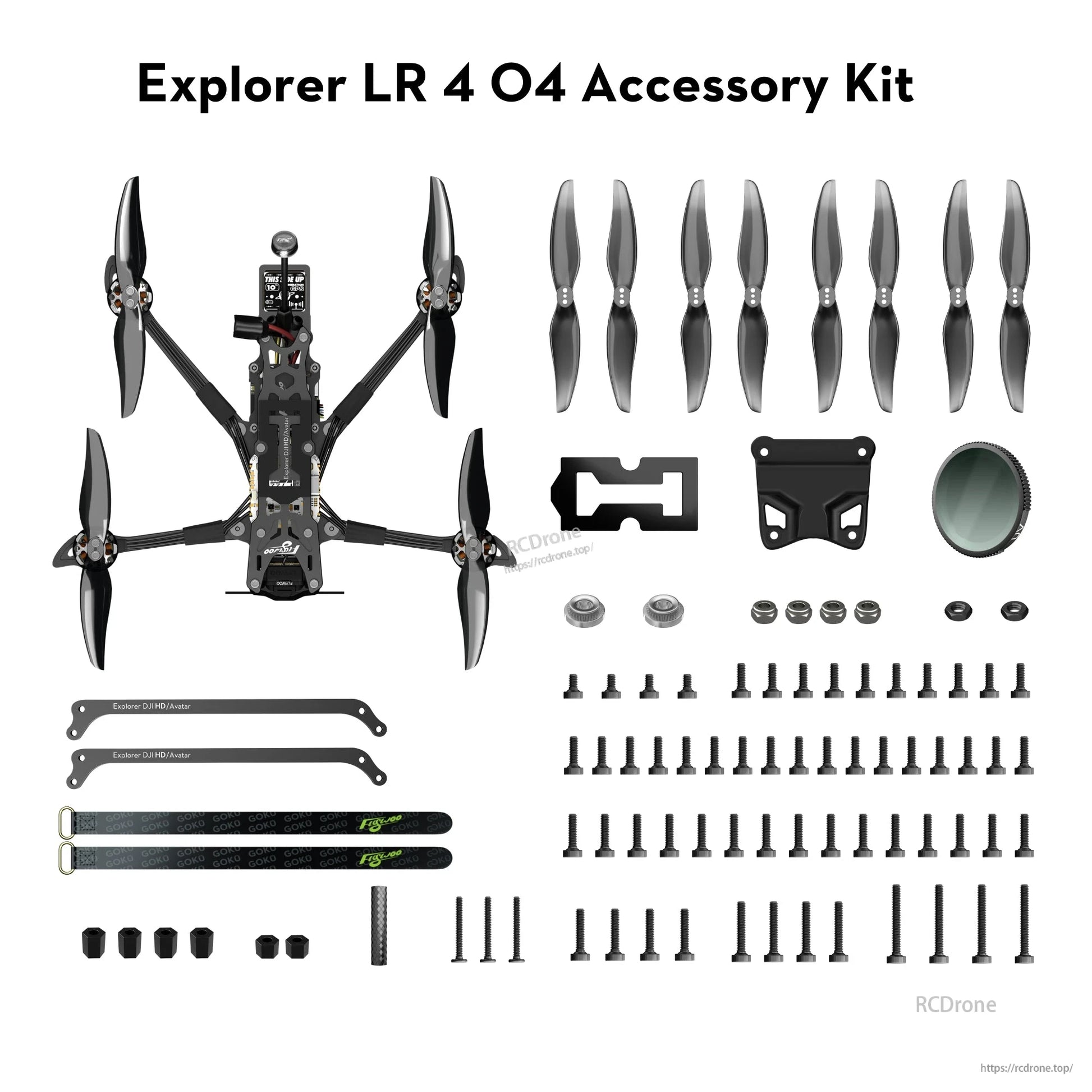 Flywoo Explorer LR 4 O4 accessory kit with spare propellers, screws, standoffs, straps and mounts