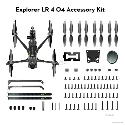 Flywoo Explorer LR 4 O4 accessory kit with spare propellers, screws, standoffs, straps and mounts