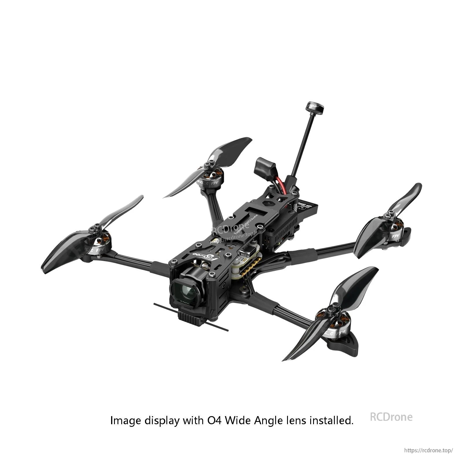 Flywoo Explorer LR 4-inch FPV drone with DJI O4 wide-angle camera lens, four-blade props and antenna