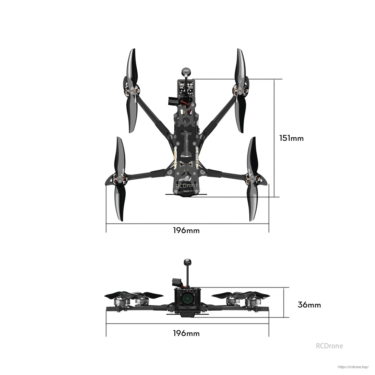 Flywoo Explorer LR 4 FPV quadcopter with four propellers, front camera, and frame dimensions 196mm x 151mm x 36mm