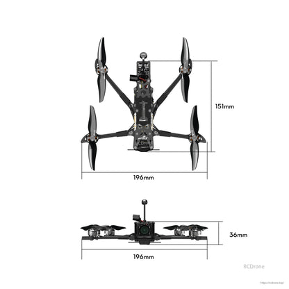 Flywoo Explorer LR 4 FPV quadcopter with four propellers, front camera, and frame dimensions 196mm x 151mm x 36mm
