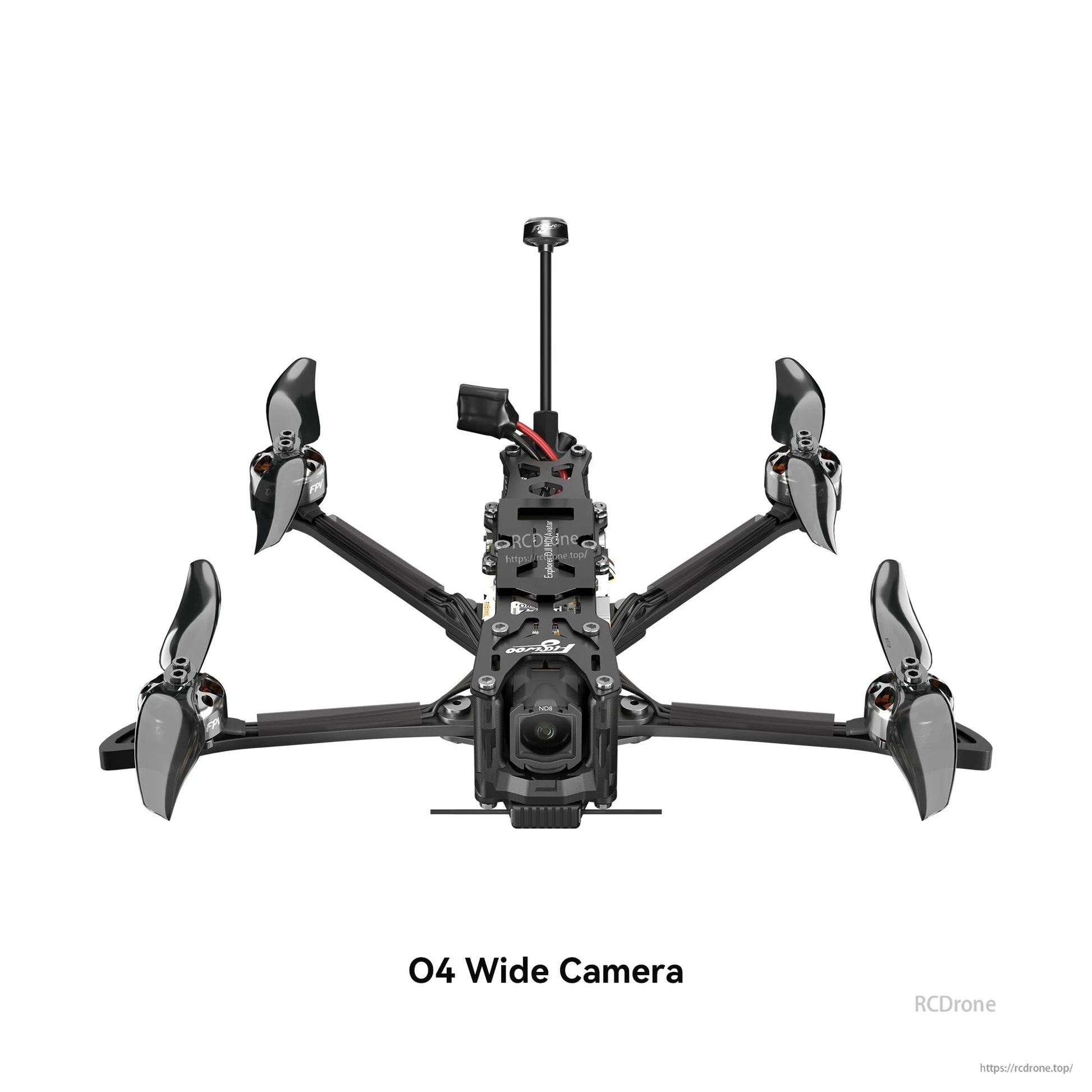 Flywoo Explorer LR 4 FPV drone with DJI O4 wide camera, four propellers, front camera mount and long antenna