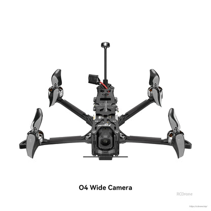Flywoo Explorer LR 4 FPV drone with DJI O4 wide camera, four propellers, front camera mount and long antenna