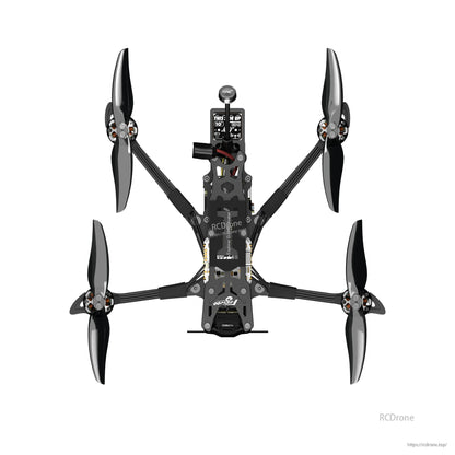 Top-down view of Flywoo Explorer LR 4 micro long-range FPV quadcopter with carbon frame and four props