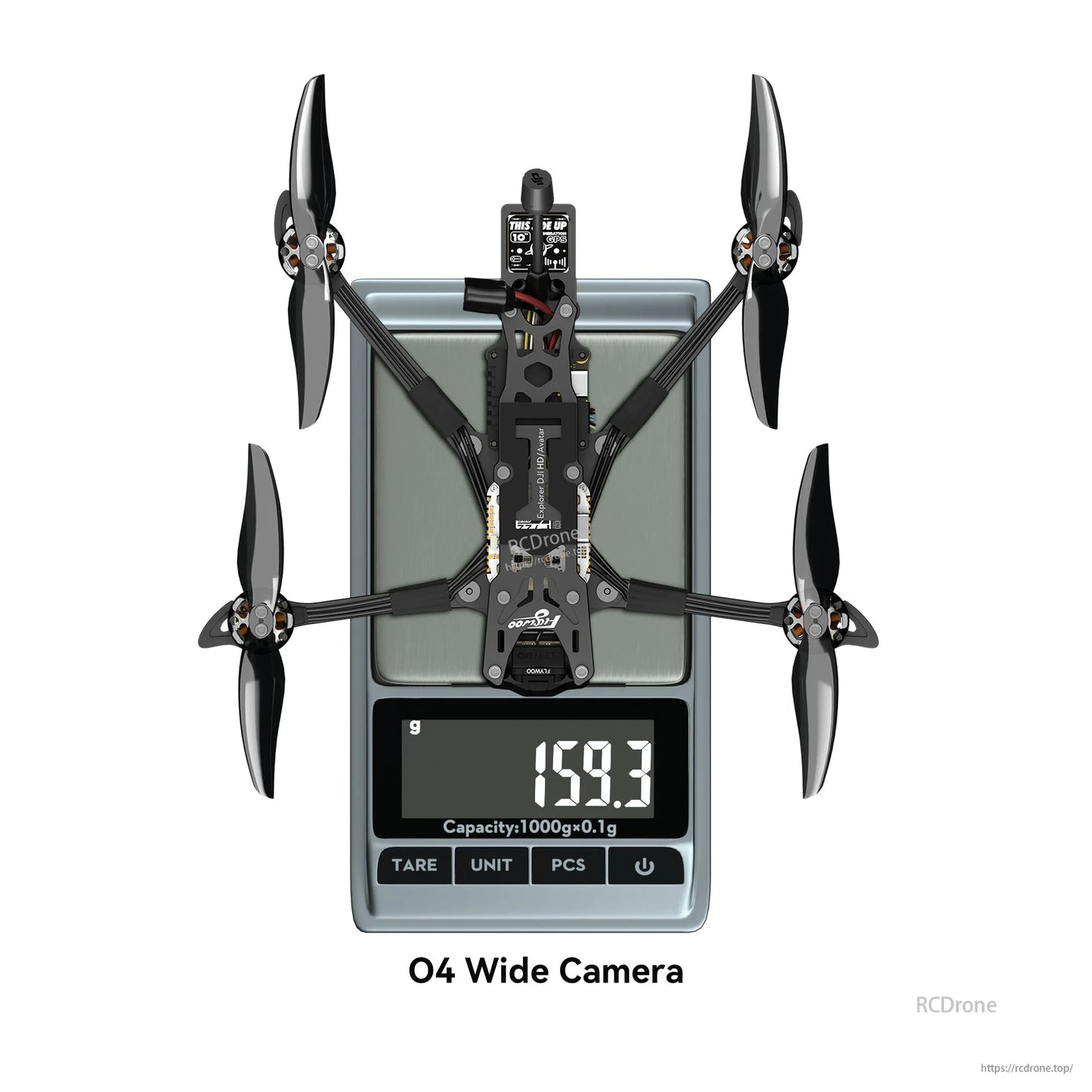 Flywoo Explorer LR 4 O4 Wide 4-inch FPV drone on a digital scale reading 159.3 g, top view