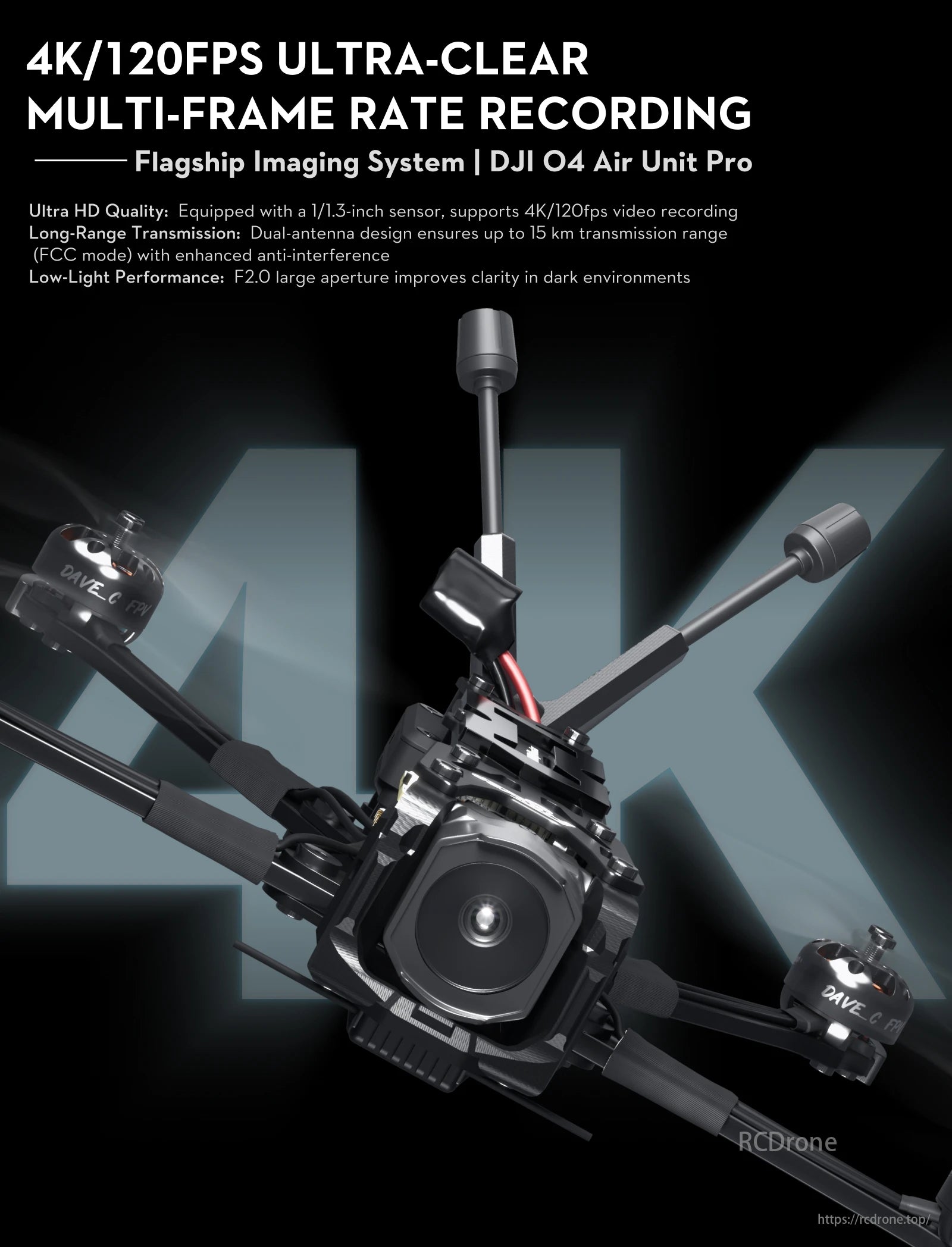 Flywoo Explorer LR 4K FPV Drone features 4K/120fps, a 1/1.3-inch sensor, 15km range, and F2.0 aperture for low-light performance, ensuring stunning aerial footage and extended transmission.