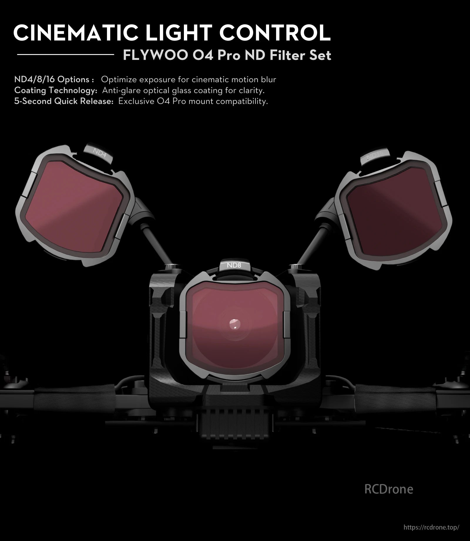 Flywoo Explorer LR 4K FPV Drone, FLYWOO O4 Pro ND Filter Set offers ND4/8/16 options, anti-glare coating, and quick release for optimal exposure and clarity.