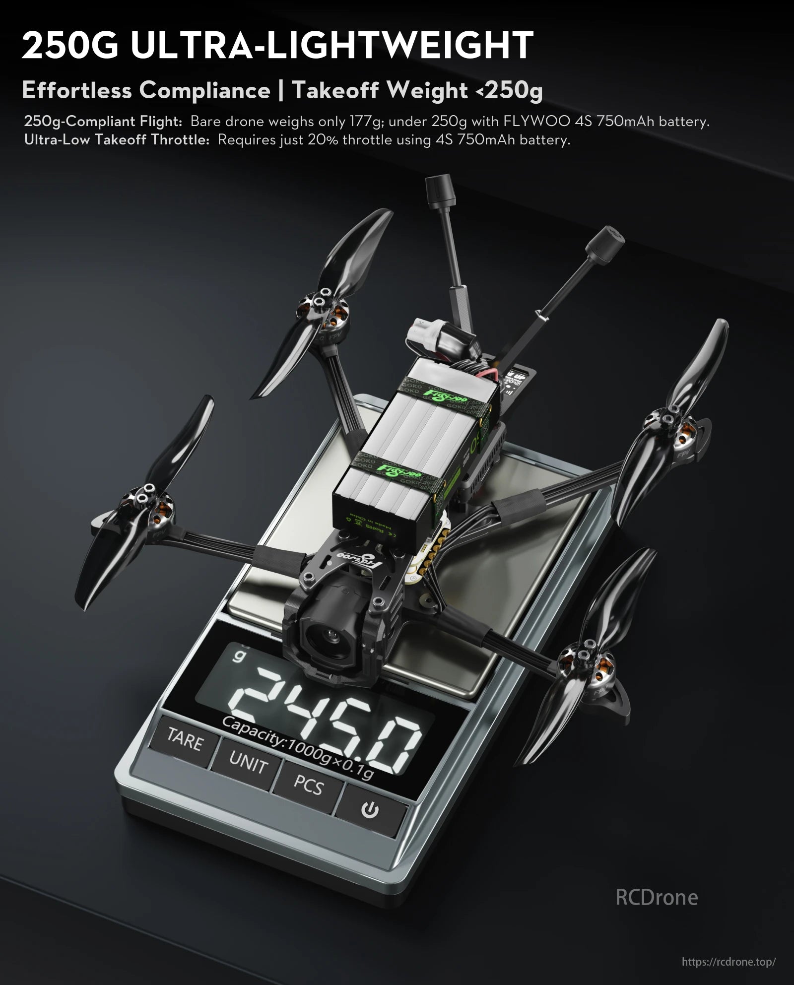 Flywoo Explorer LR 4K FPV Drone, under 250g, ensures compliance. Its 4S 750mAh battery offers low takeoff throttle at 20%. Weight display: 245.0g.