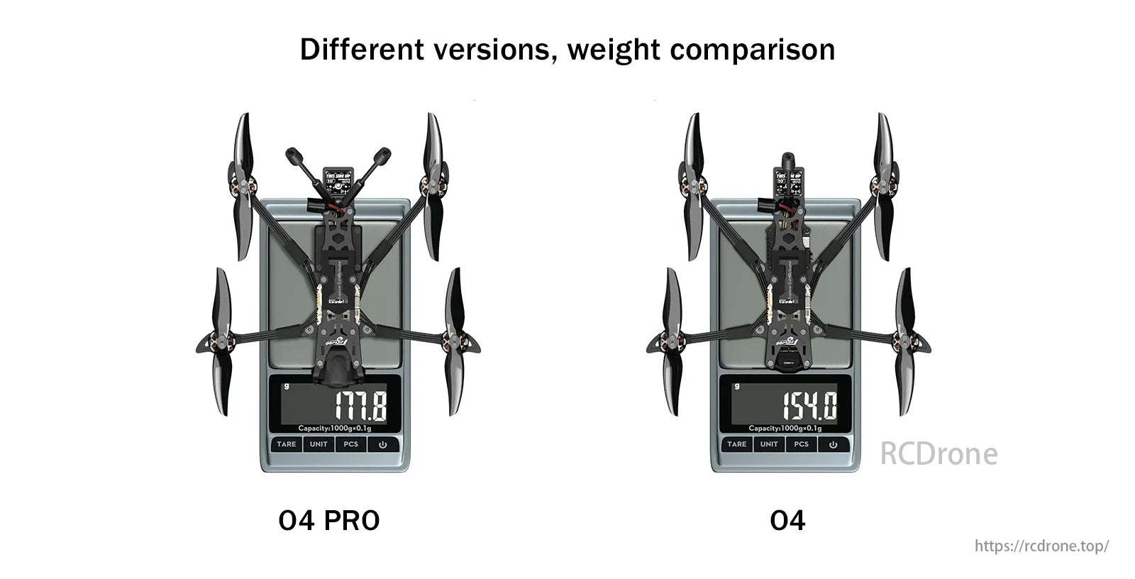 The Flywoo Explorer LR 4K FPV Drone: 04 PRO weighs 177.8g, whereas the 04 version is lighter at 154.0g.