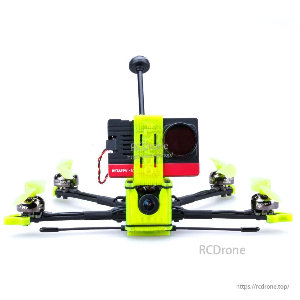 Flywoo Explorer LR TPU Set (TPU Set), Flywoo Explorer LR drone with neon yellow TPU mount set holding FPV camera, top action camera and antenna