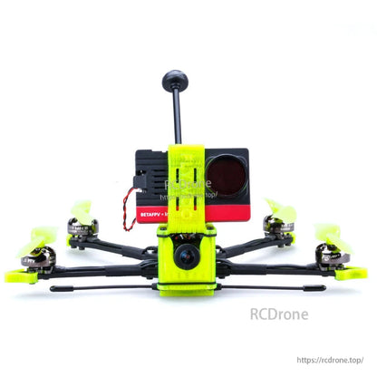 Flywoo Explorer LR TPU Set (TPU Set), Flywoo Explorer LR drone with neon yellow TPU mount set holding FPV camera, top action camera and antenna