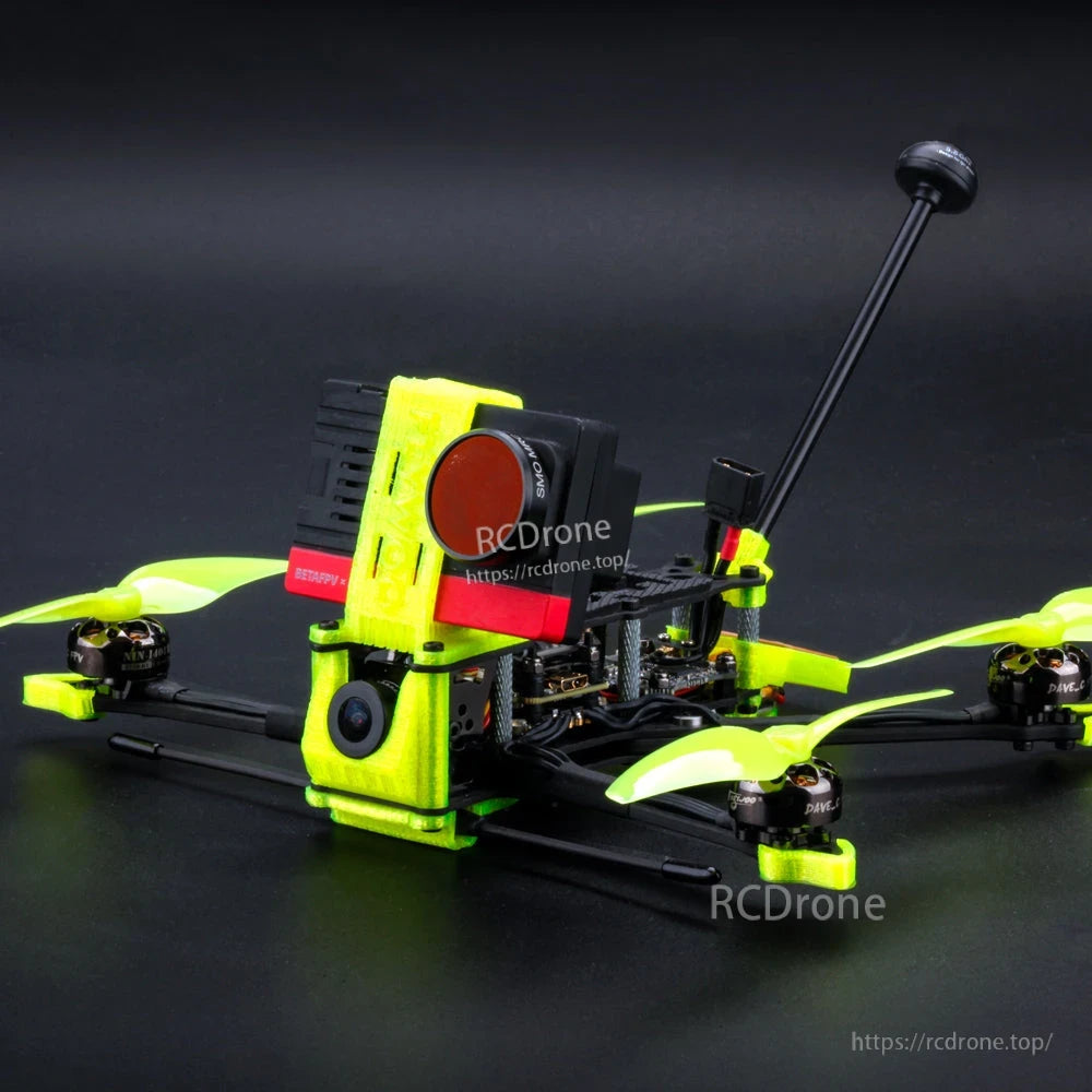 Flywoo Explorer LR TPU Set (TPU Set), Flywoo Explorer LR TPU set installed on FPV quad, neon green 3D-printed mounts around camera and stack