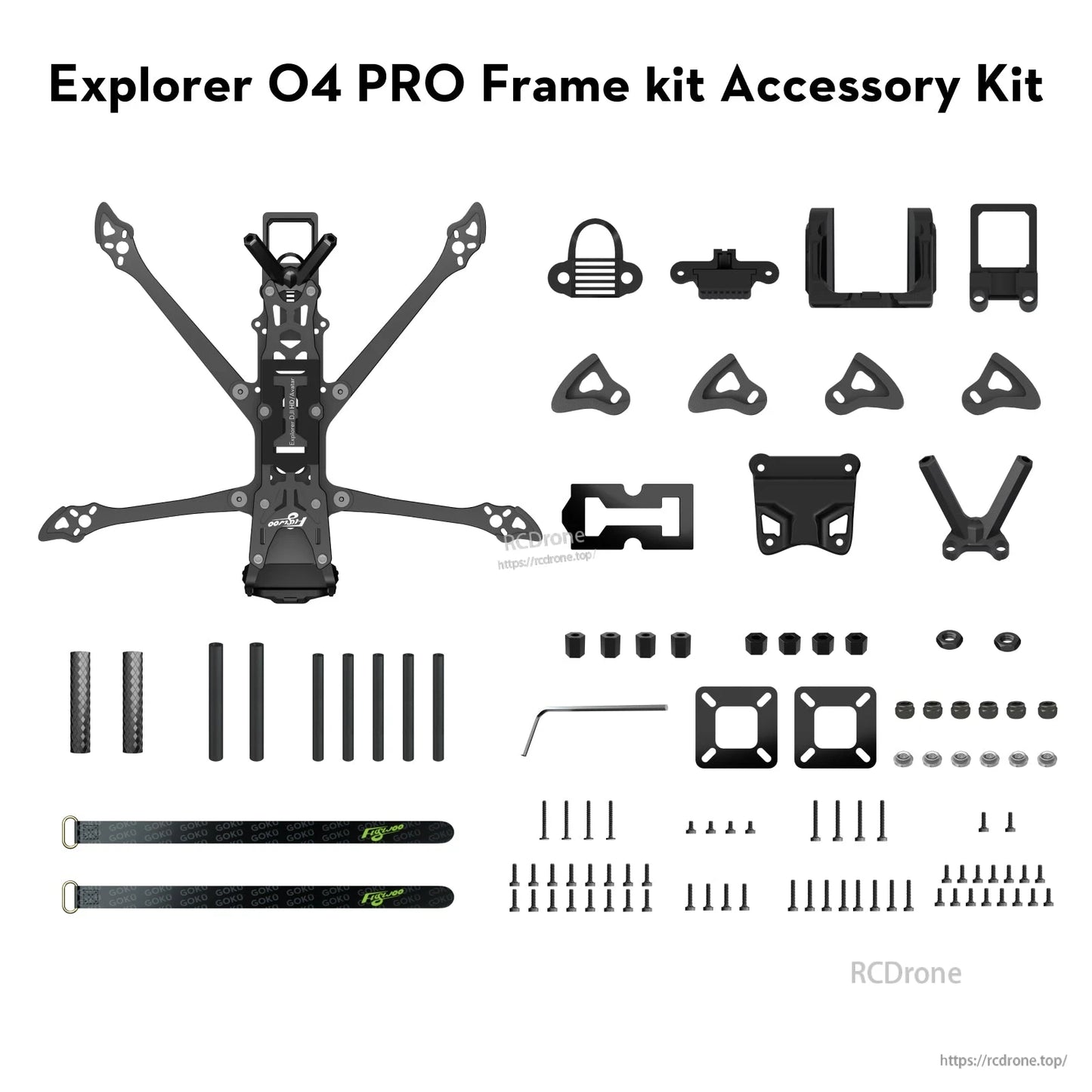 Flywoo Explorer LR4 O3/O4 Pro FPV frame kit parts layout with carbon frame, mounts, standoffs, screws and straps