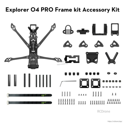 Flywoo Explorer LR4 O3/O4 Pro FPV frame kit parts layout with carbon frame, mounts, standoffs, screws and straps