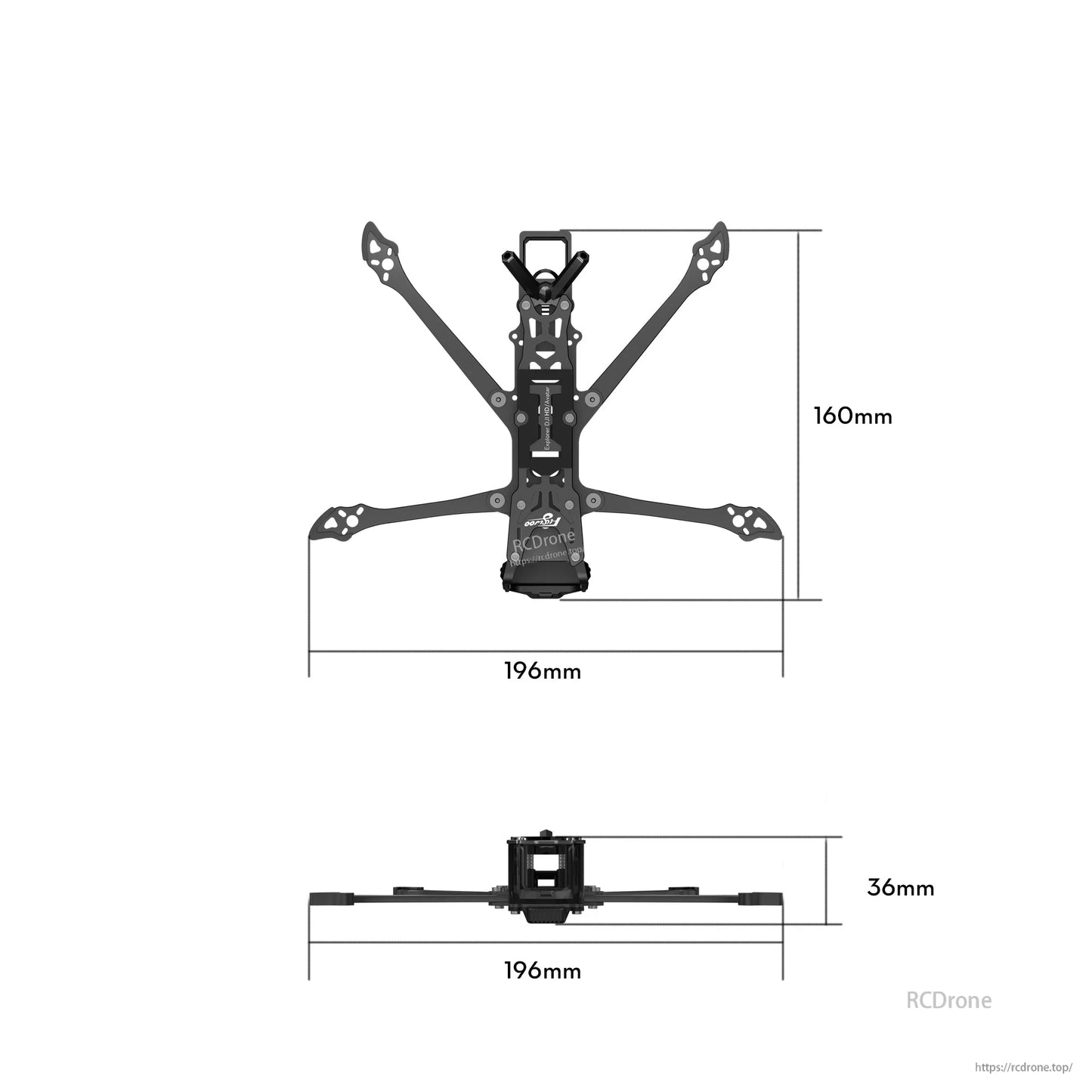 Flywoo Explorer LR4 FPV drone frame kit layout with 196mm length, 160mm width, and 36mm stack height