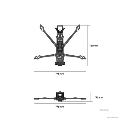 Flywoo Explorer LR4 FPV drone frame kit layout with 196mm length, 160mm width, and 36mm stack height