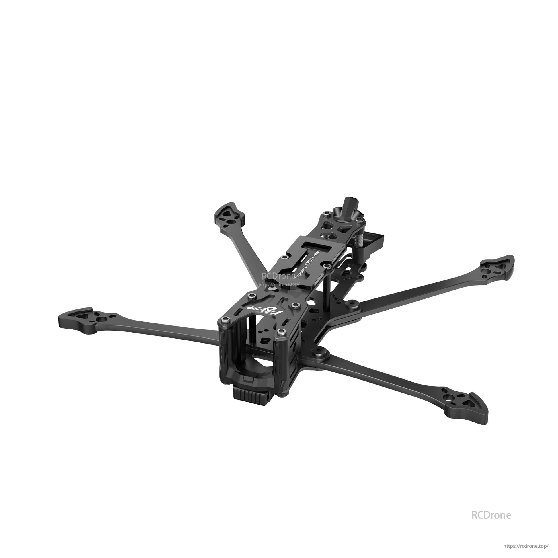 Flywoo Explorer LR4 carbon fiber FPV quad frame kit with long arms, front camera cage, and top plate mounts