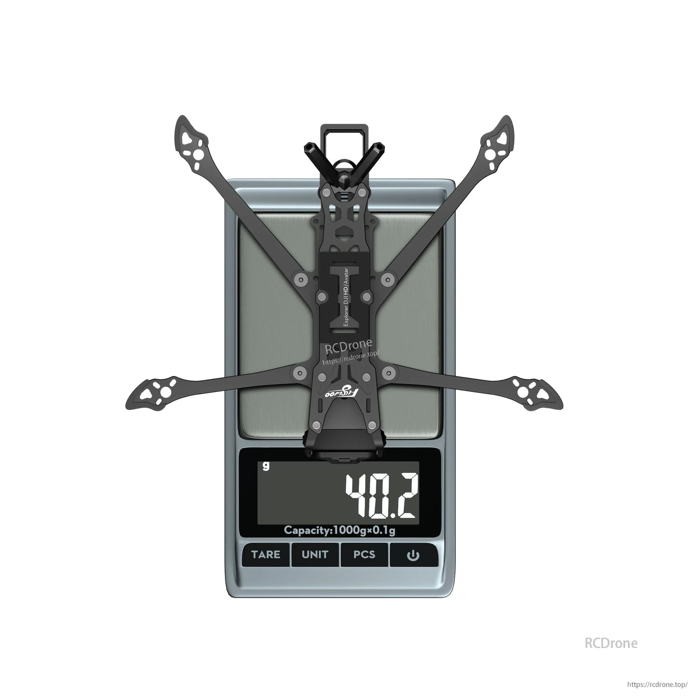 Flywoo Explorer LR4 drone frame kit on a digital scale, with the display reading 40.2 g