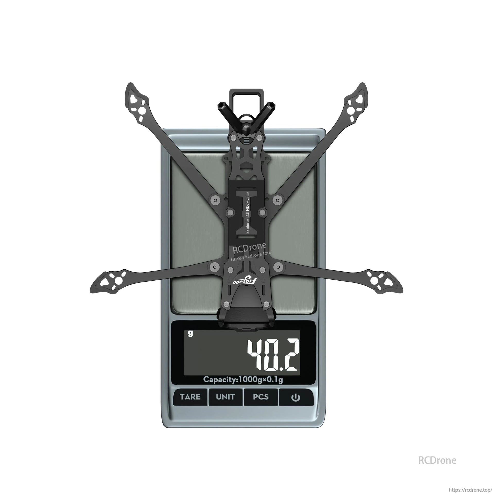 Flywoo Explorer LR4 drone frame kit on a digital scale, with the display reading 40.2 g