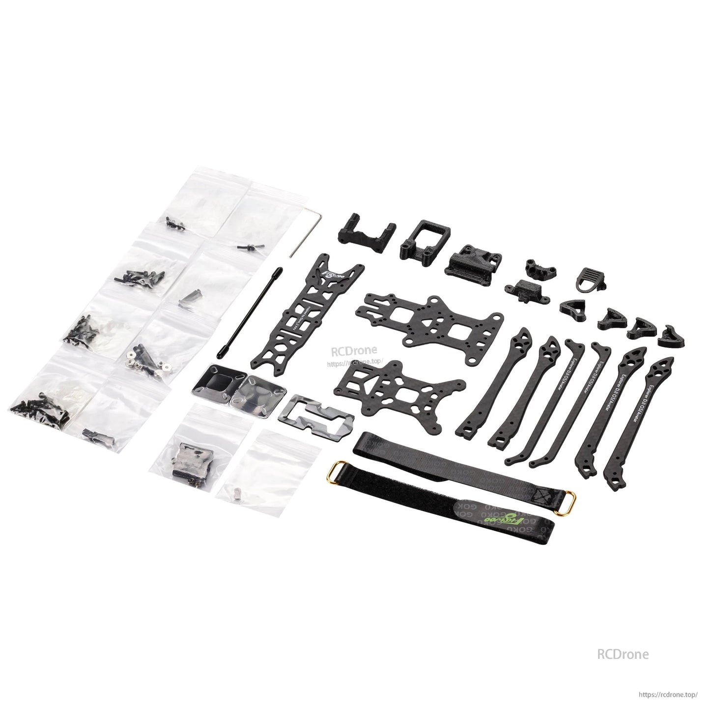 Flywoo Explorer LR4 drone frame kit with carbon fiber plates, arms, hardware packs, 3D-printed mounts, and strap