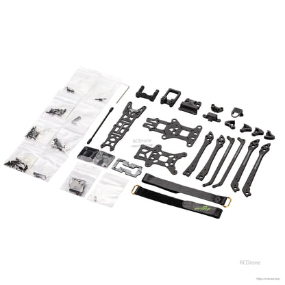 Flywoo Explorer LR4 drone frame kit with carbon fiber plates, arms, hardware packs, 3D-printed mounts, and strap